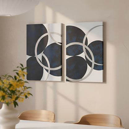 Celestial Orbit Navy Silver Foil Abstract 2-piece Canvas Wall Art Set