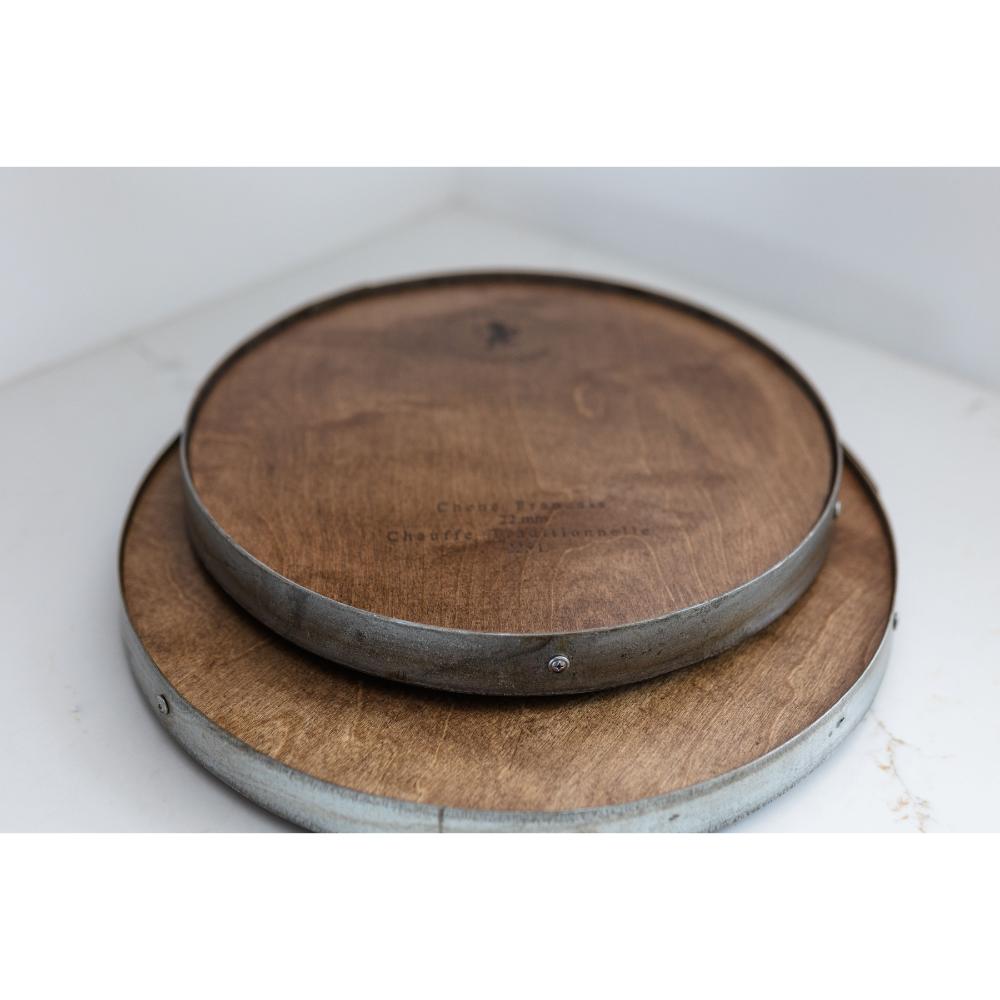 rustic barrel head lazy susan small script text