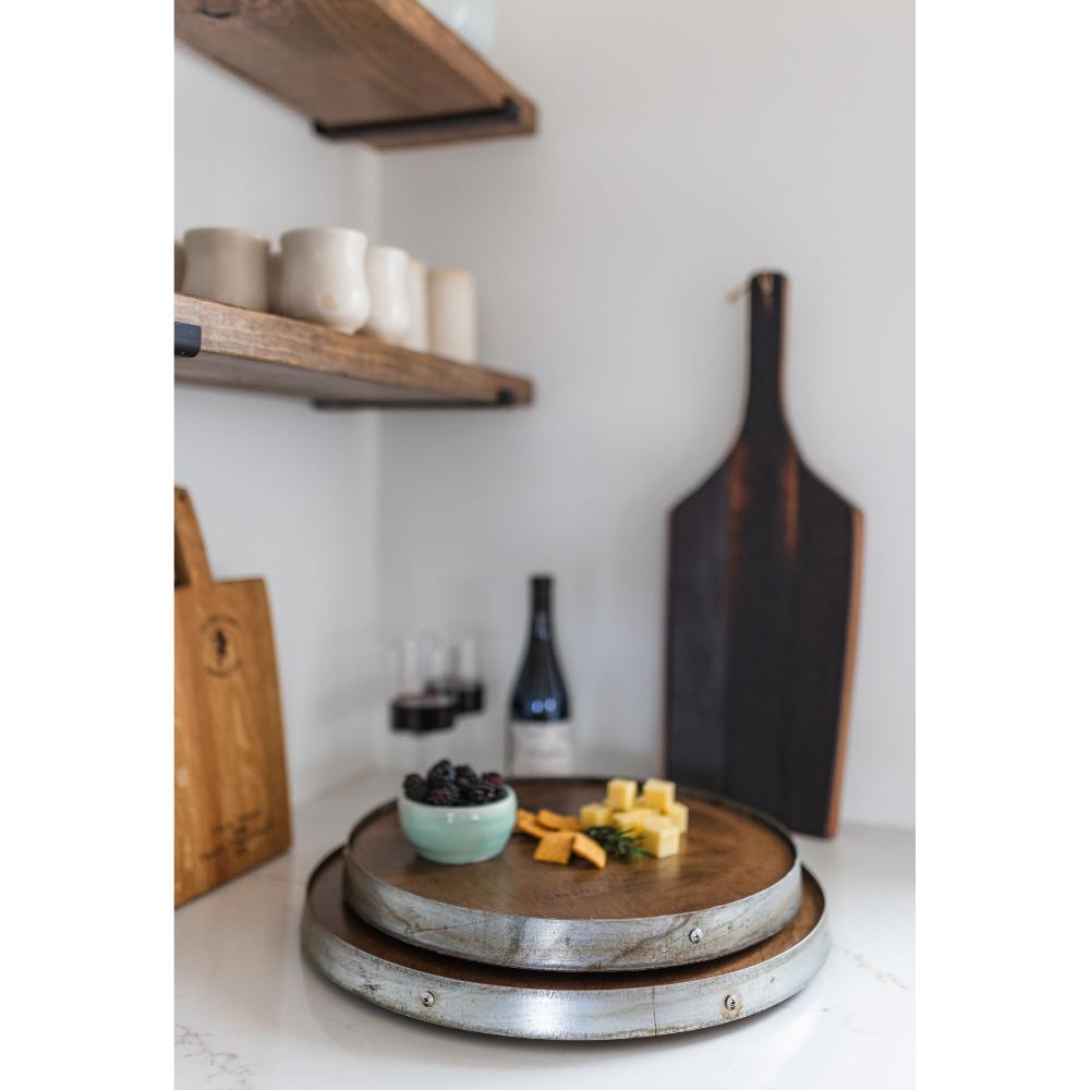 rustic barrel head lazy susan small script text